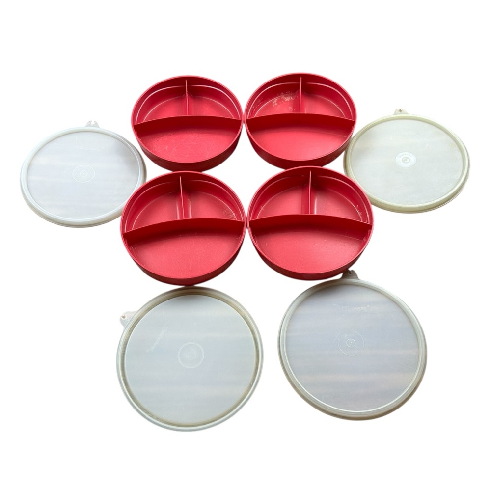 Vintage Tupperware MunchKids Red Divided Bowls with Lids #2552A - Set of 4